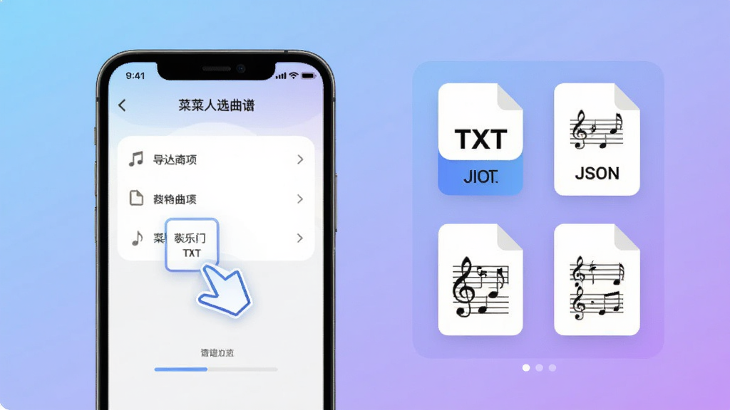 菜菜音乐盒曲谱导入界面,画面左侧是手机屏幕显示导入选项菜单,右侧悬浮展示多种曲谱文件格式图标如TXT、JSON、乐谱符号,背景为柔和的蓝紫渐变,风格简洁明快,细节包括文件拖拽动画与进度提示,画质清晰干净,无多余元素