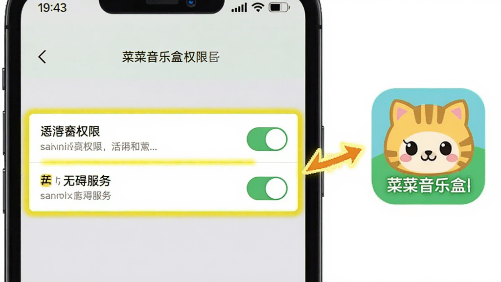 菜菜音乐盒权限设置引导图,画面展示手机屏幕上的设置菜单,高亮标注悬浮窗权限与无障碍服务两个选项,旁边有菜菜音乐盒图标和箭头指引,风格简洁明了,细节包括开关按钮与文字说明,画质清晰干净,无多余元素