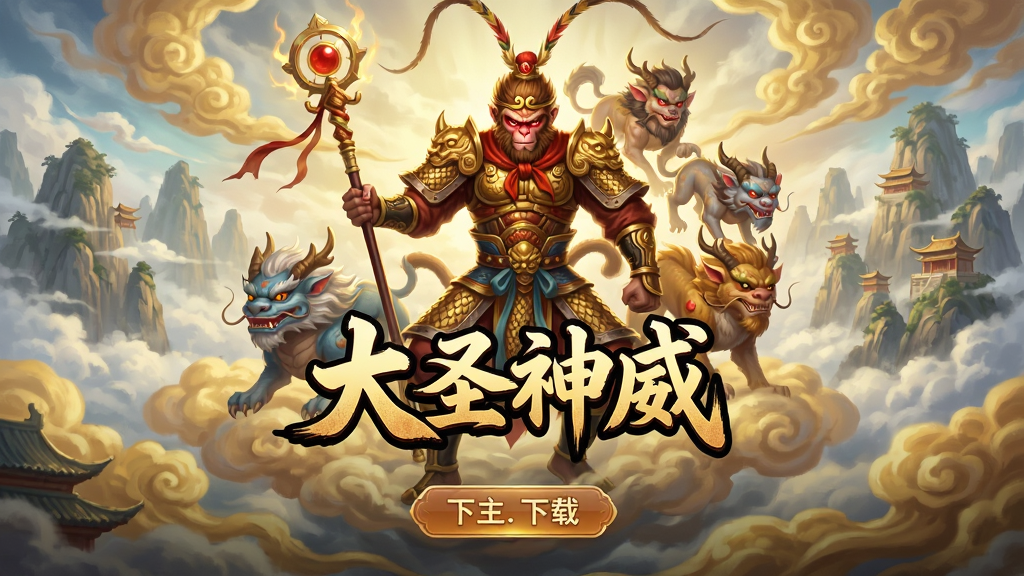 整体画面以国风神话为基调,主体是一位身披金甲、手持神威法杖的齐天大圣形象,立于云端之上,身后跟随数只形态各异的神宠,背景为层叠的仙山与金色祥云。布局采用竖版构图,上方为大圣与神宠,中部为游戏名称“大圣神威”艺术字,下方为下载按钮样式。风格为东方玄幻插画风,细节精致,画质高清,干净无多余元素。