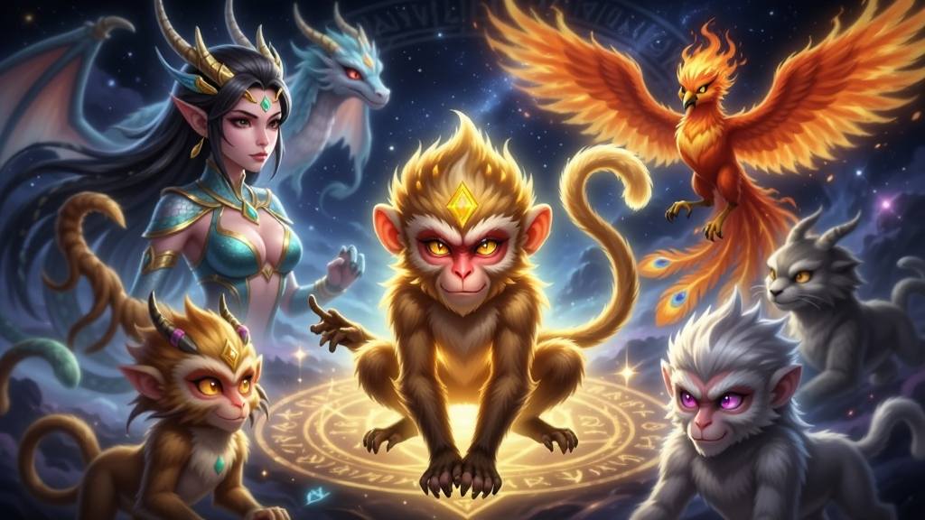 画面中央是一只发光的灵猴神宠,周围环绕着龙女、火凤等不同形态的神宠虚影,背景为星空与法阵。布局采用圆形构图,神宠围绕中心排列。风格为奇幻游戏宣传图,细节突出宠物的毛发与光效,画质高清,干净无多余元素。
