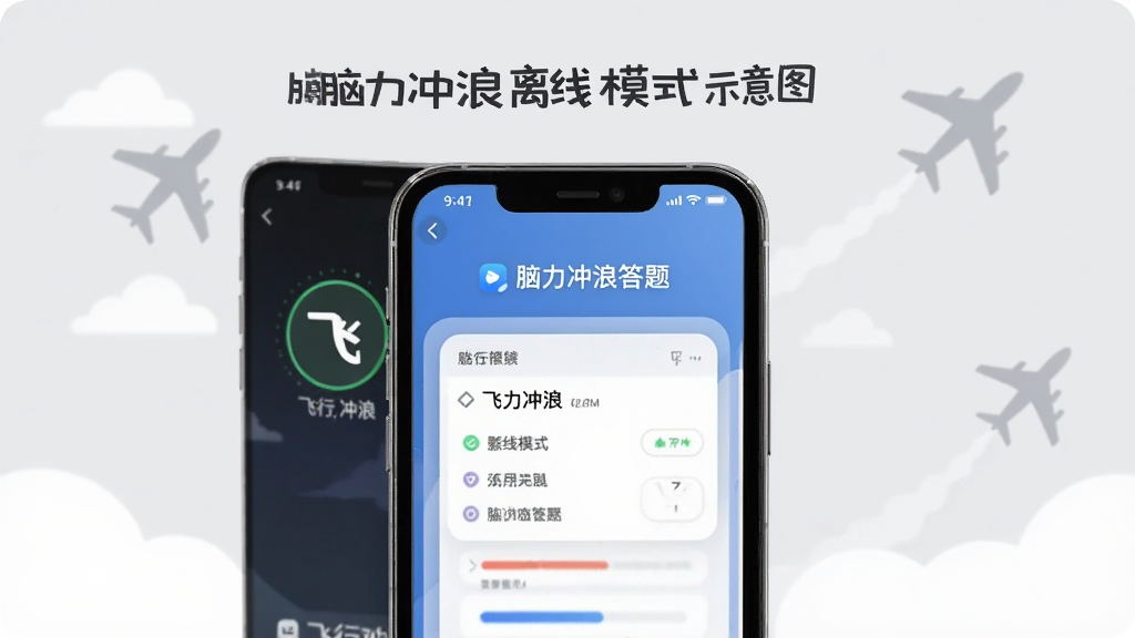 脑力冲浪离线模式示意图,手机屏幕显示飞行模式图标和脑力冲浪答题界面同时出现,背景为浅灰色,有云朵和飞机剪影装饰,整体风格简约科技感,排版居中,画质干净无多余元素