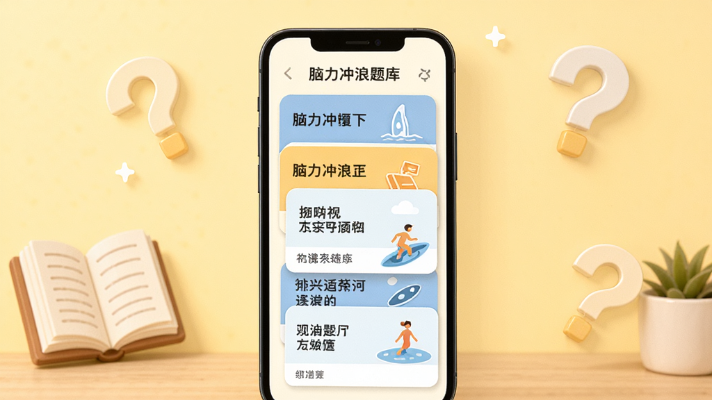 脑力冲浪题库界面展示图,画面中手机屏幕显示多道不同类型题目卡片层叠排列,卡片上有文字和图形,背景为淡黄色,旁边点缀书籍和问号图标,整体风格温馨学习氛围,排版整齐有序,画质清晰干净无多余元素