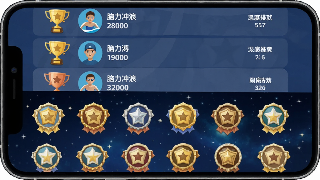 脑力冲浪排行榜与成就界面,手机屏幕上半部分显示排行榜列表,有金银铜奖杯图标和玩家昵称分数,下半部分展示成就徽章墙,背景为深蓝色星空风格,排版层次分明,画质干净无多余元素