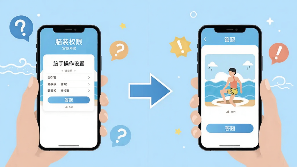 脑力冲浪新手操作指引图,画面中手机屏幕展示安装权限设置和答题界面两个场景左右对比,中间有箭头连接,背景为浅蓝色,有问号和感叹号图标点缀,风格简洁明快,排版清晰,画质干净无多余元素