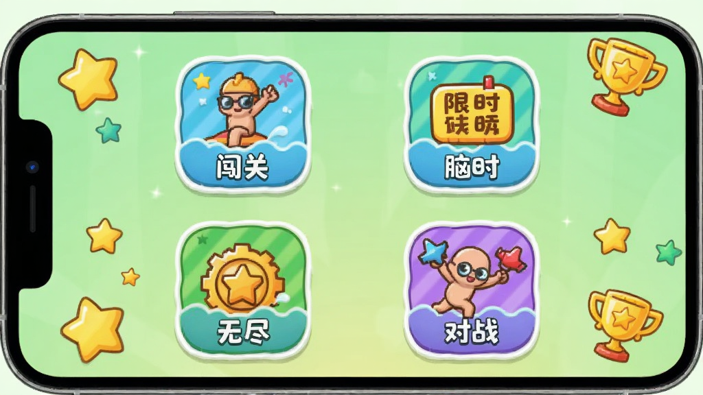 脑力冲浪多种游戏模式选择界面,手机屏幕显示四个模式入口图标,分别是闯关、限时、无尽、对战,图标设计为卡通风格,背景为浅绿色渐变,周围有星星和奖杯装饰,排版对称美观,画质干净无多余元素
