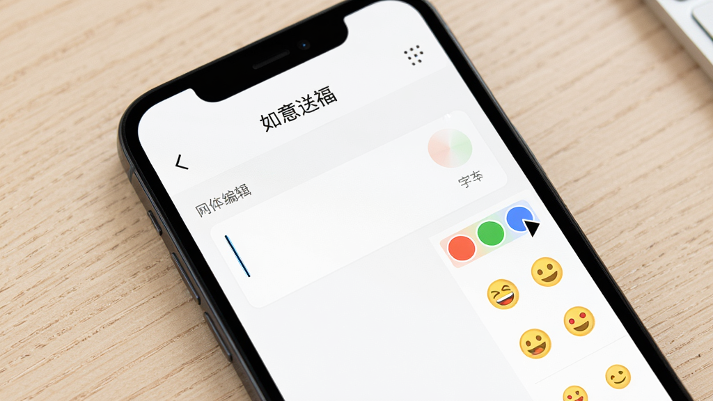 手机屏幕显示“如意送福”应用的文案编辑界面,输入框中有光标闪烁,旁边有字体颜色选择条和表情图标,背景为浅色木纹桌面,风格简约实用,细节清楚,画质干净,无多余元素