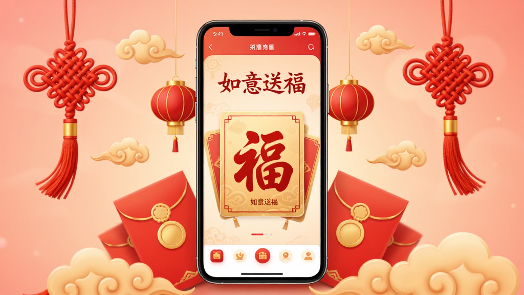 画面中央放置一部智能手机,手机屏幕显示“如意送福”应用界面,界面中有红色福字、金色边框祝福卡片、灯笼装饰元素,手机周围环绕红包、中国结、祥云图案,背景为浅红色渐变,整体风格喜庆温馨,构图居中对称,细节清晰,画质干净,无多余元素
