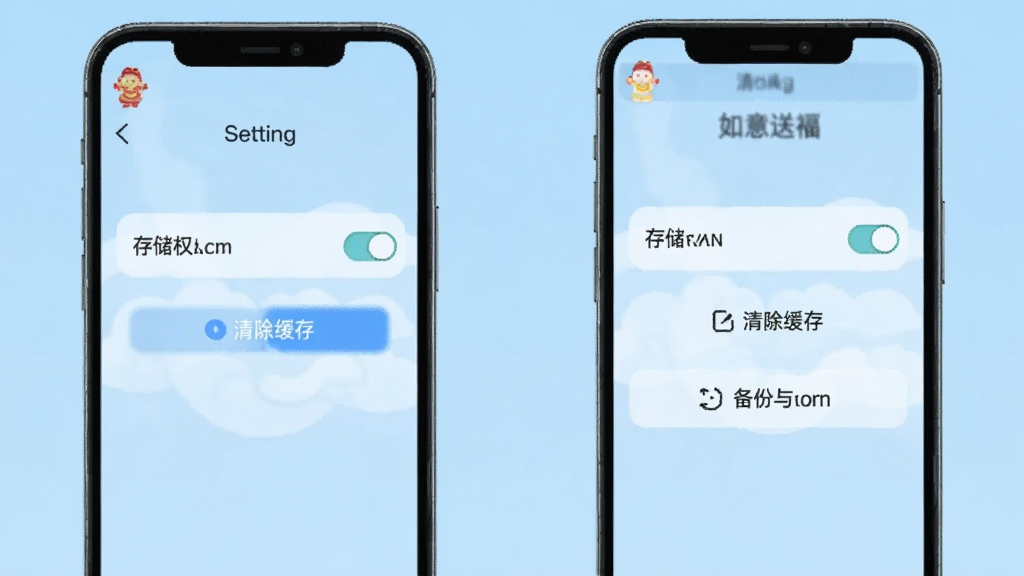 手机屏幕显示“如意送福”应用的设置界面,有存储权限开关、清除缓存按钮、备份与恢复选项,背景为浅蓝色,界面布局清晰,风格简洁,画质干净,无多余元素