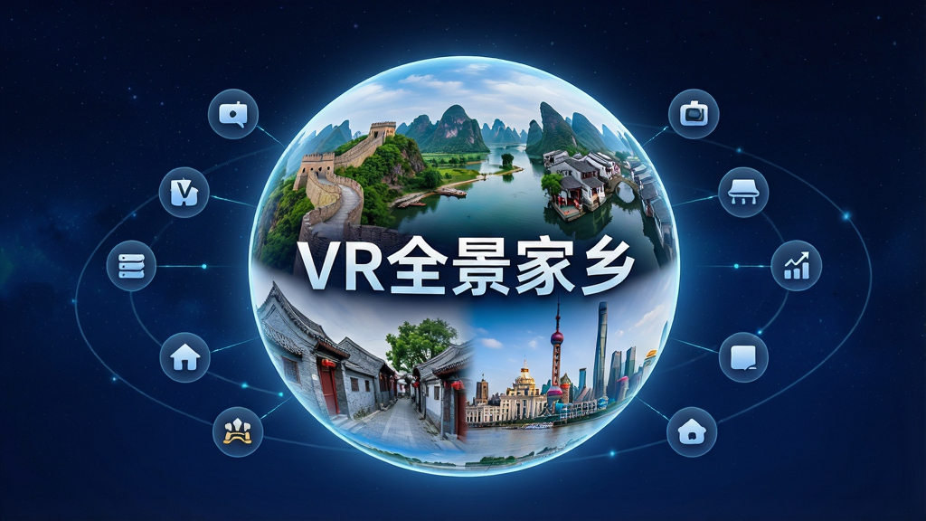一幅展示VR全景家乡软件内容库的AI生图,画面主体是一个悬浮在空中的巨大球形全景图,球体表面拼接了多个中国各地风景的缩略画面,包括长城、桂林山水、江南水乡、北京胡同、上海外滩等,球体周围有若干小图标代表不同分类标签,布局采用球体居中、图标环绕的放射状构图,风格为科技感与人文结合的数字艺术风,细节上球体有微光边缘,背景是深蓝色星空渐变,画面中文字标注