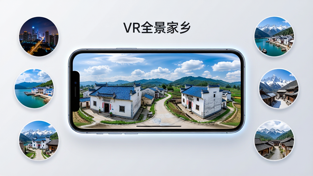 一张展示VR全景家乡软件主界面的宽幅图片,画面中央是手机屏幕,屏幕内呈现360度全景视角下的中国乡村风貌,有青瓦白墙的房屋、蜿蜒的乡间小路、远处的青山和蓝天白云,手机周围环绕着多个小圆形缩略图预览,分别展示城市夜景、海边渔村、雪山古镇等不同家乡场景,整体布局采用居中构图,风格为现代科技感UI展示风,细节上手机边缘有柔和光晕,背景是干净的浅灰色渐变,画面中文字标注