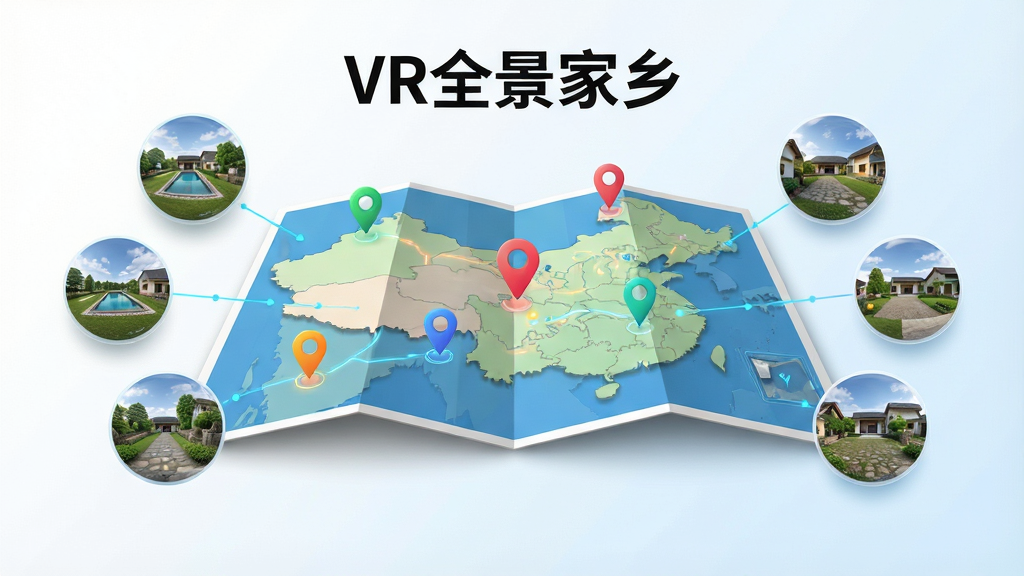 一张展示VR全景家乡实景地图功能的AI生图,画面中央是一张展开的立体地图,地图上有多个彩色定位标记,每个标记连接着一个圆形全景预览窗口,窗口内显示不同的家乡场景,布局采用地图居中、预览窗口环绕的构图,风格为现代科技感地图UI风格,细节上地图有轻微投影效果,背景是干净的白色到浅蓝色渐变,画面中文字标注
