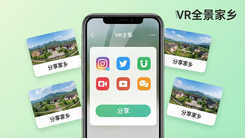 一张展示VR全景家乡分享功能的AI生图,画面中央是一部手机,手机屏幕上显示一个分享界面,界面中有多个社交平台图标和一个