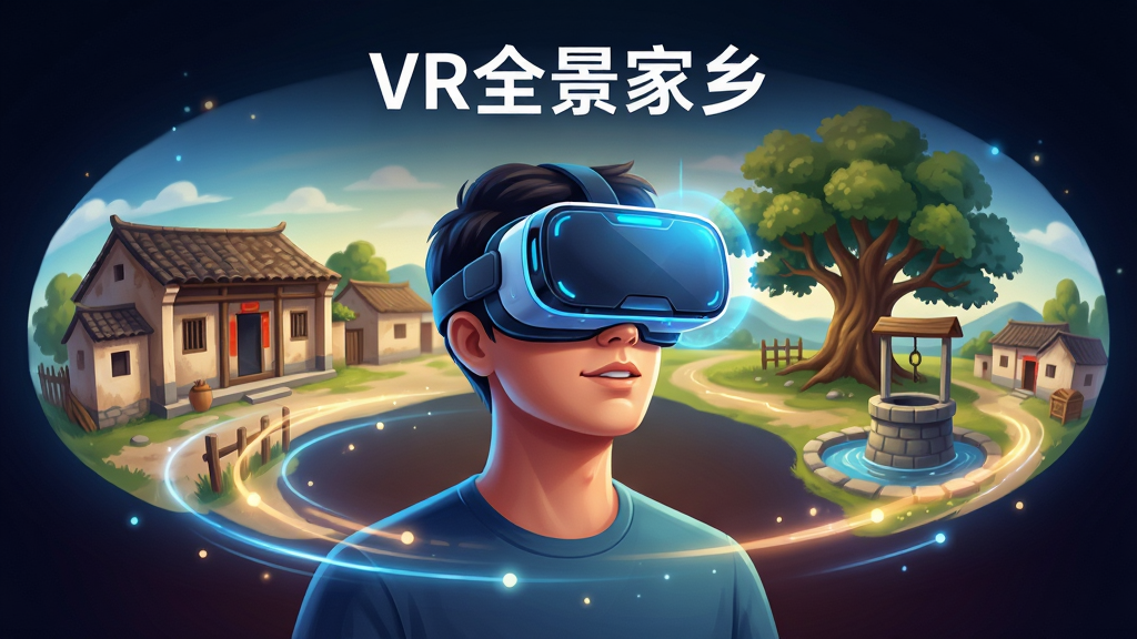 一幅展示VR全景家乡VR观看体验的AI生图,画面主体是一个人戴着VR眼镜,头部微微转动,面前浮现出家乡的全景画面,画面中有老屋、大树、水井等元素,人物周围有光线流动的视觉效果,布局采用人物居中、全景画面环绕的构图,风格为未来科技感与温情回忆结合的数字插画风,细节上VR眼镜有蓝色光效,背景是深色渐变,画面中文字标注