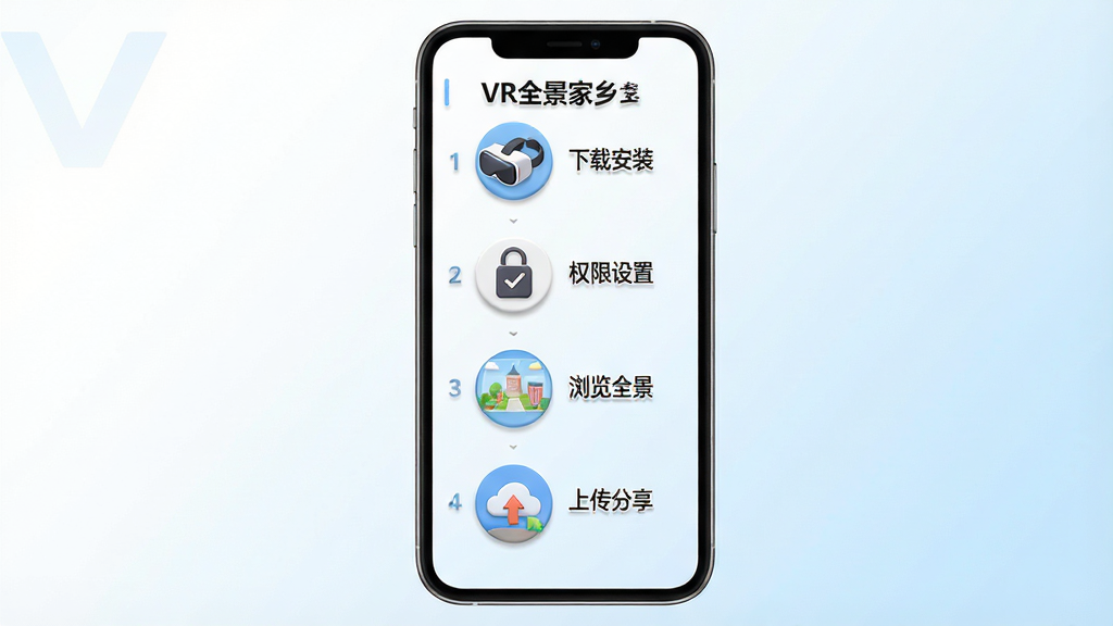 一张展示VR全景家乡新手操作界面的AI生图,画面中央是手机屏幕,屏幕上显示软件的新手引导页面,有四个步骤图标分别代表下载安装、权限设置、浏览全景、上传分享,每个图标下方有简短文字说明,布局采用纵向排列的步骤式构图,风格为简洁明快的扁平化设计风,细节上图标有轻微立体感,背景是白色到浅蓝色的渐变,画面中文字标注