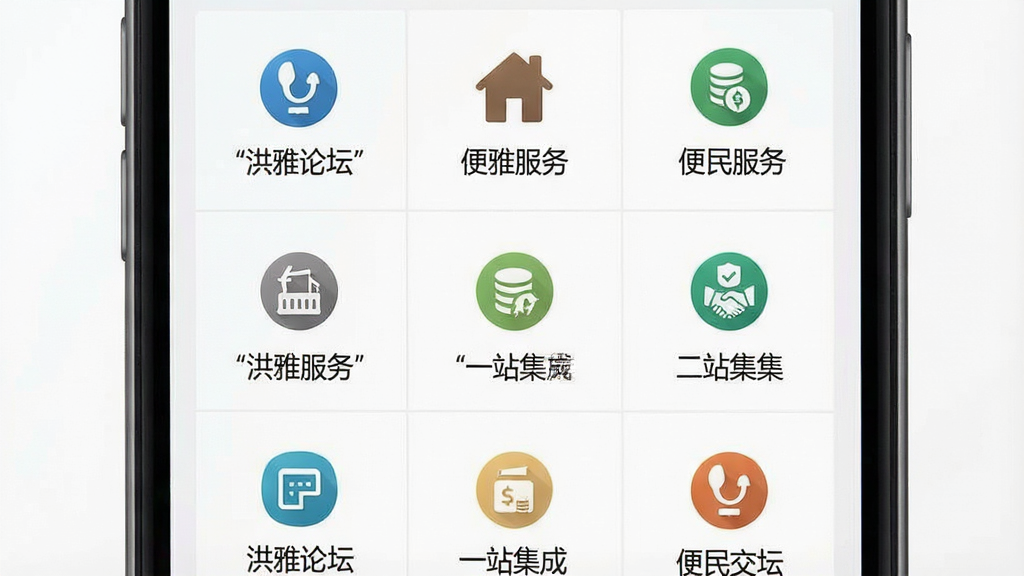 一幅展示洪雅论坛便民服务功能的场景图,主体为手机屏幕显示服务图标网格,布局为九宫格排列,风格清爽素雅,细节包括缴费图标、房屋图标、交易图标,画质高清,干净无多余元素,图片中文字加引号如“洪雅论坛”“便民服务”“一站集成”等字样