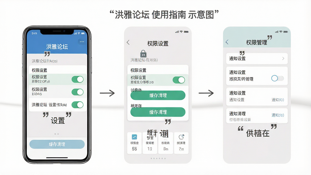 一幅展示洪雅论坛使用指南的示意图,主体为手机屏幕显示设置界面和权限管理页面,布局为分步操作截图,风格简洁明了,细节包括权限开关、缓存清理按钮、通知设置选项,画质高清,干净无多余元素,图片中文字加引号如“洪雅论坛”“权限设置”“缓存清理”等字样