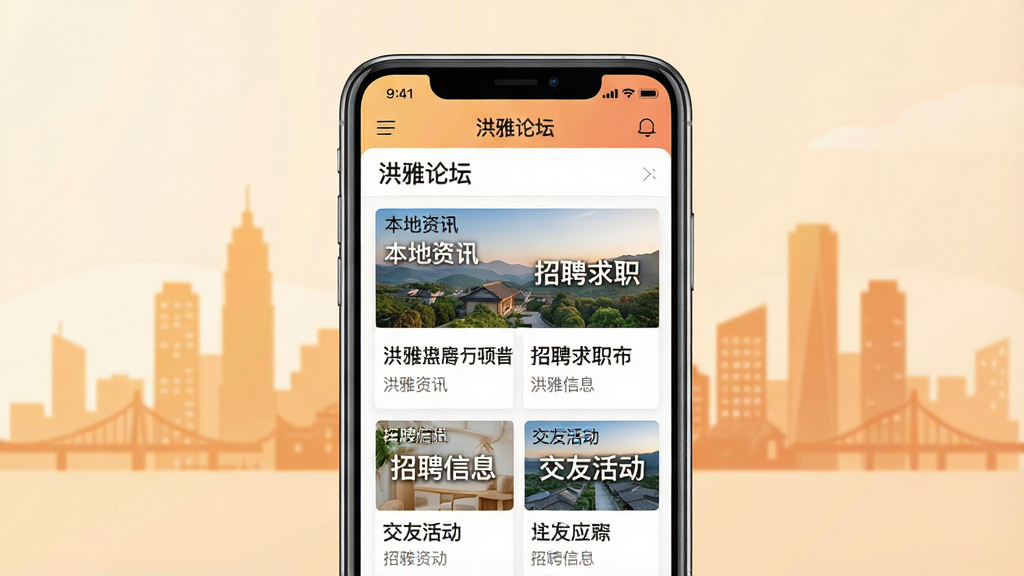 一幅展示洪雅论坛手机应用界面的场景图,主体为一部智能手机,屏幕显示洪雅论坛应用首页,包含本地资讯、招聘信息、交友活动等板块,布局清晰,排版整齐,风格现代简约,细节丰富,画质高清,干净无多余元素,背景为洪雅城市剪影,图片中文字加引号如“洪雅论坛”“本地资讯”“招聘求职”等字样,整体色调温暖清新