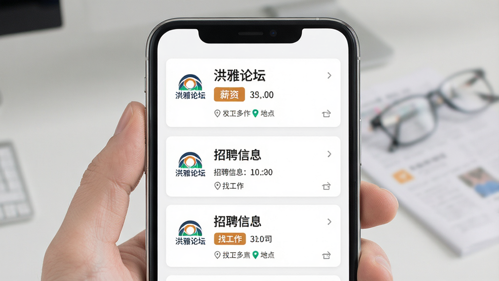 一幅展示洪雅论坛招聘求职功能的场景图,主体为手机屏幕显示招聘信息列表,布局为职位卡片式排版,风格商务简约,细节包括公司logo、薪资标签、地点标注,画质高清,干净无多余元素,图片中文字加引号如“洪雅论坛”“招聘信息”“找工作”等字样
