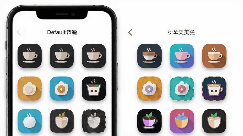 CoffeeOS图标自定义功能界面,主体为手机屏幕特写,屏幕上展示着不同风格的图标包对比,布局为左右分栏展示默认图标与美化后图标的差异,排版整齐有序,风格为扁平化设计,细节包括图标阴影、圆角弧度、色彩搭配,画质高清,干净,无多余元素