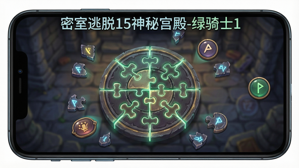 一个手机屏幕展示密室逃脱游戏解谜界面,画面主体是圆形拼图机关与周围散落的魔法符文碎片,布局采用俯视角度,排版为游戏UI界面,风格为魔幻解谜风格,细节包括发光的拼图接缝、悬浮的提示按钮、背景虚化的石室环境,画质高清干净无多余元素,画面顶部文字“密室逃脱15神秘宫殿-绿骑士1”