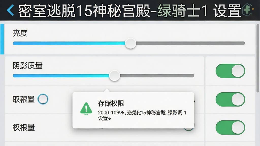 一个手机游戏设置界面截图,画面主体是画质调节滑块与权限开关按钮,布局采用列表排版,风格为简洁科技风,细节包括亮度条、阴影质量选项、存储权限提示弹窗,画质高清干净无多余元素,画面顶部文字“密室逃脱15神秘宫殿-绿骑士1 设置”