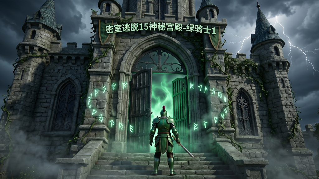 画面中央是一座宏伟的中世纪神秘宫殿外观,宫殿大门半开,门内透出幽绿色魔法光芒,一位身穿绿色铠甲的骑士背影站在门前台阶上,周围环绕着漂浮的魔法符文与雾气,主体居中布局,排版采用竖版构图,风格为3D写实奇幻冒险,细节包括石砖纹理、铁艺门饰、藤蔓缠绕、远处雷云天空,画质高清干净无多余元素,画面中文字标注“密室逃脱15神秘宫殿-绿骑士1”