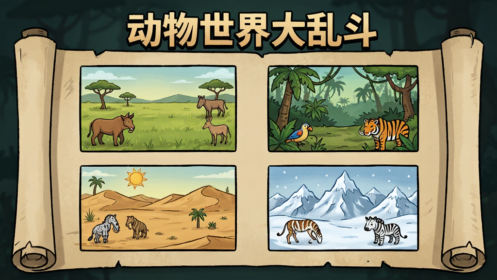 动物世界大乱斗地图选择界面,画面以卷轴形式展开四张地图缩略图,分别是草原、雨林、沙漠、雪山,每张图上有代表性动物和地形特征,界面风格为复古手绘风格,顶部有“动物世界大乱斗”艺术字标题,布局清晰,画质高清,干净无多余元素