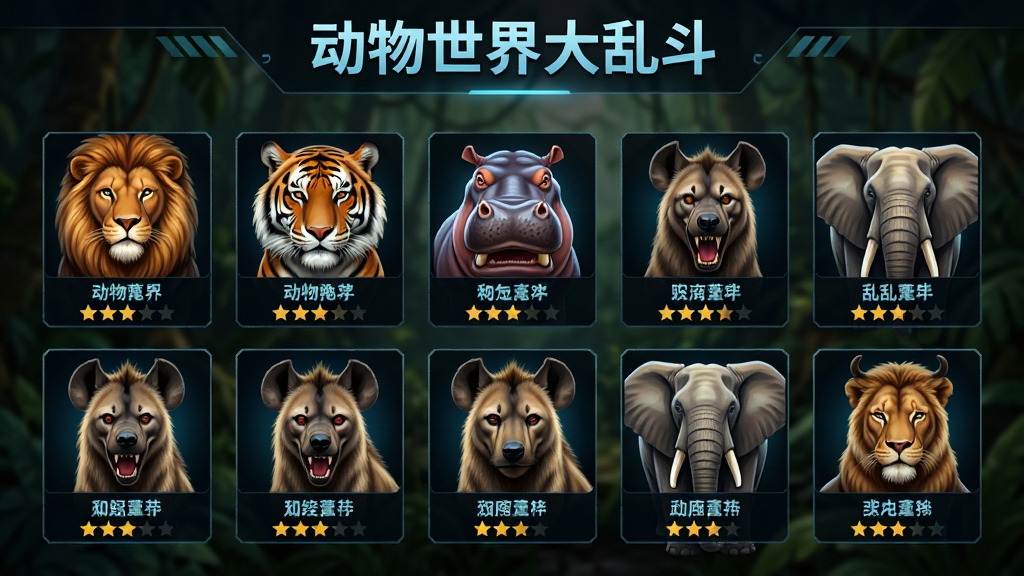 动物世界大乱斗角色选择界面,画面以网格形式排列多种动物头像,包括狮子、老虎、河马、鬣狗、大象等,每个头像下方显示动物名称和属性星级,界面风格为暗色科技感,背景是模糊的丛林场景,顶部有“动物世界大乱斗”标题,画质清晰,布局整齐,干净无多余元素
