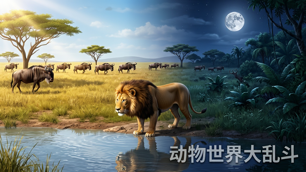 动物世界大乱斗生态模拟场景,画面展示草原上白天与黑夜的交替效果,左侧是阳光明媚的草原,右侧是月光下的丛林,中间有一只狮子在河边饮水,远处有角马群迁徙,画面风格写实自然,色彩对比鲜明,布局上“动物世界大乱斗”字样以半透明水印形式出现在画面右下角,画质高清,细节丰富,干净无多余元素