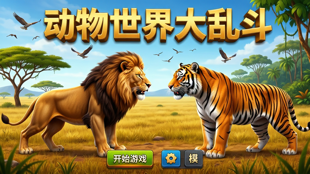 动物世界大乱斗游戏主界面全景展示,画面中央是一只威武的雄狮和一只强壮的老虎对峙,背景是广阔的非洲草原和远处的丛林,天空有飞鸟掠过,画面采用写实3D风格,色彩饱和度高,细节丰富,布局上游戏名称“动物世界大乱斗”以金色立体字置于画面顶部,下方有开始游戏按钮和模式选择图标,整体风格热血竞技,画质高清,干净无多余元素