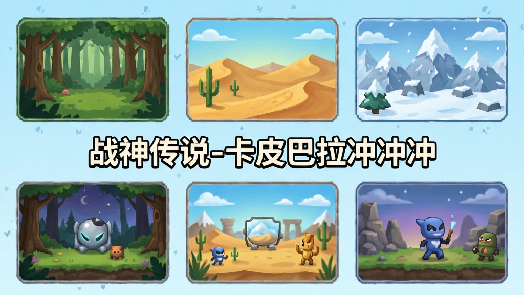 游戏关卡选择界面截图风格插画,展示多个不同主题的关卡入口,包括森林、沙漠、雪山等场景缩略图,界面中央有“战神传说-卡皮巴拉冲冲冲”文字,布局清晰,风格卡通简约,画质干净高清