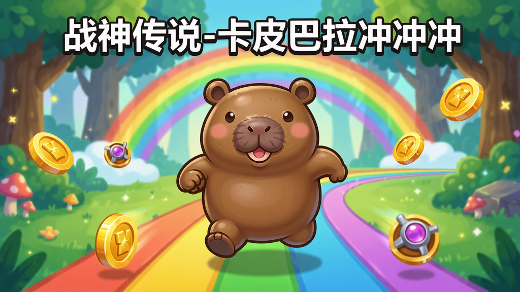 一张横版手机游戏宣传图,画面中央是一只圆润可爱的卡皮巴拉角色正在彩色跑道上奔跑冲刺,背景是梦幻的森林与彩虹,周围散落金币和道具,整体风格清新卡通,色彩明亮饱和,构图居中,顶部有“战神传说-卡皮巴拉冲冲冲”文字标题,画面干净无杂乱元素,高清画质,适合作为游戏下载页展示图