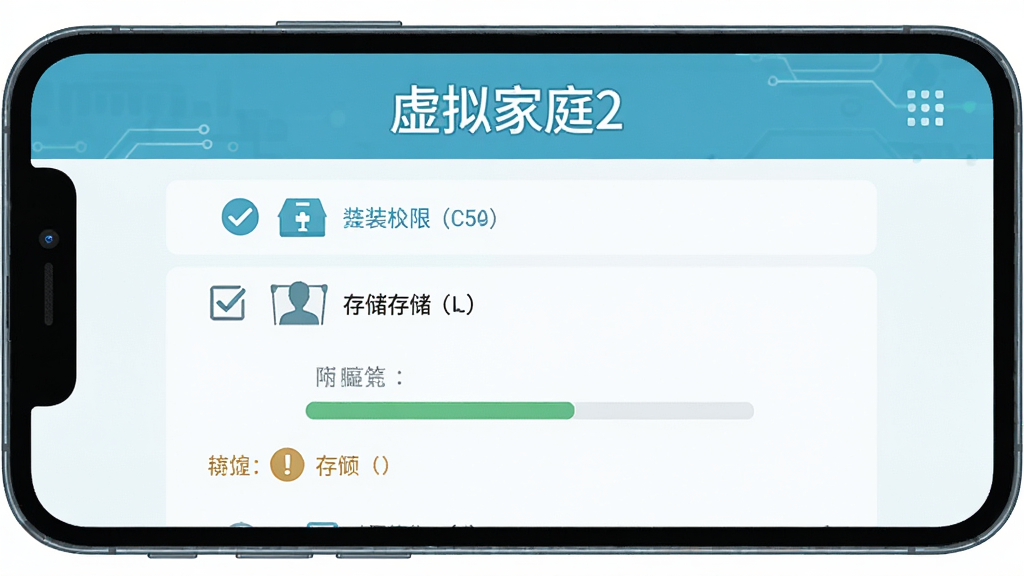虚拟家庭2游戏安装设置界面示意图,画面主体是一部智能手机屏幕显示安装权限与存储选项,布局为上方标题下方列表,风格为扁平化科技风,细节包括勾选框、进度条和提示图标,画质清晰干净,画面中带有文字“虚拟家庭2”