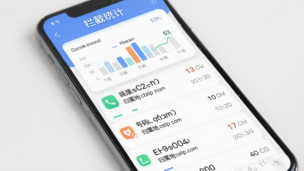 展示“骚扰电话拦截精灵”的拦截记录页面,手机屏幕中列出多条拦截记录,每条记录包含号码、归属地和时间,界面以列表形式呈现,顶部有统计图表显示拦截数量,布局为手机正面视角,风格为现代简约风,细节包括列表分割线、图标颜色和数字字体,画质高清,干净,无多余元素