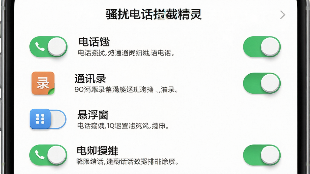 画面展示“骚扰电话拦截精灵”的权限设置引导界面,手机屏幕中列出电话、通讯录、悬浮窗等权限开关,每个开关旁有绿色对勾和说明文字,布局为纵向列表,背景为白色,风格为清新扁平风,细节包括开关的立体感、图标颜色和文字对齐,画质高清,干净,无多余元素