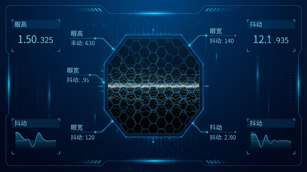 一张充满科技感的界面截图,画面中央是带有六边形网格的眼图模板,周围环绕着“眼高”“眼宽”“抖动”等数据标签,背景为深蓝色渐变,布局为数据面板环绕中心图形,风格为未来科技UI,细节包括发光的线条和清晰的数字,画质高清,干净,无多余元素。