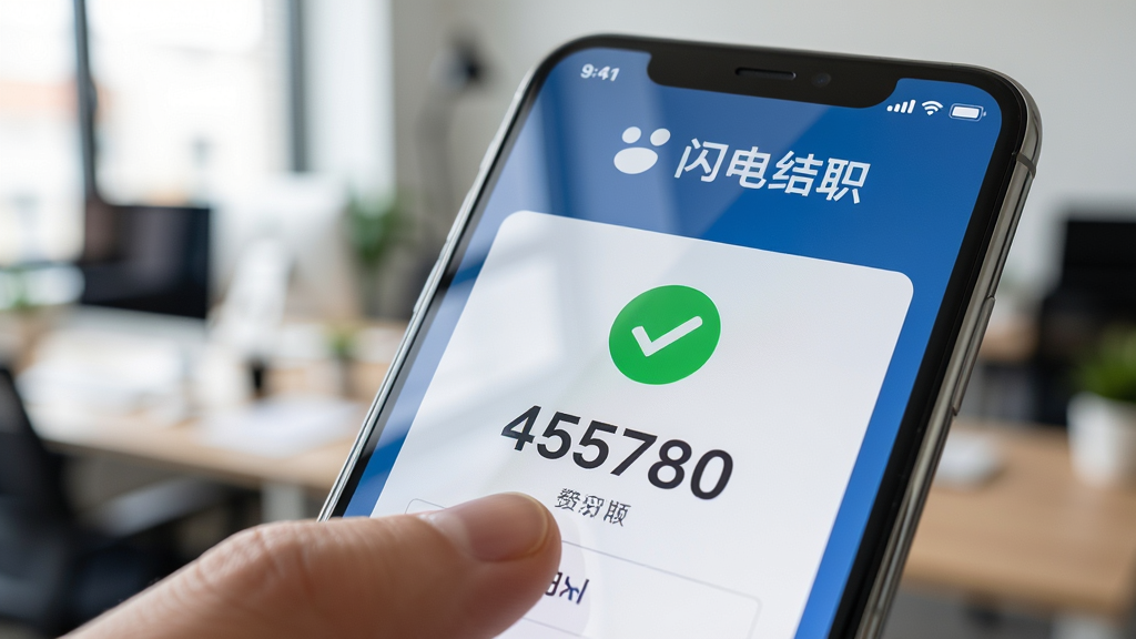 一部智能手机屏幕特写,屏幕上显示闪电结兼职的提现成功页面,画面中有绿色的对勾和金额数字,背景为模糊的办公环境,风格为写实摄影,细节包含屏幕反光和手指点击动作,画质清晰,画面干净无多余元素。