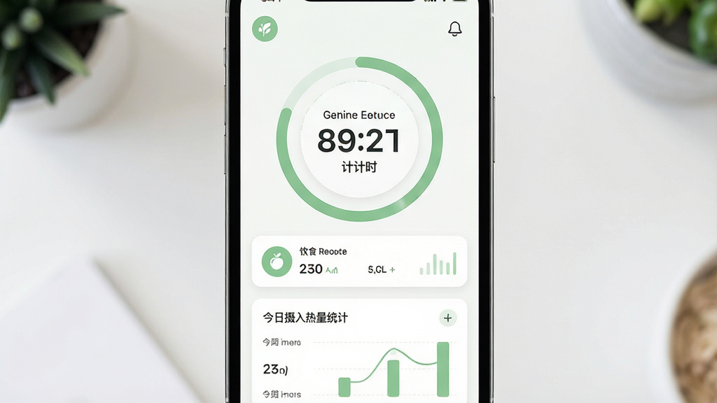 一张展示轻断食饮食记录软件主界面的手机应用截图,主体为手机屏幕居中放置,屏幕上显示断食计时器圆形进度条和饮食记录卡片,布局为上下结构上方是断食倒计时下方是今日摄入热量统计,排版简洁清晰,风格为现代简约健康类App设计,细节包括柔和的绿色与白色配色、圆形图标、数据图表元素,画质高清干净无多余元素
