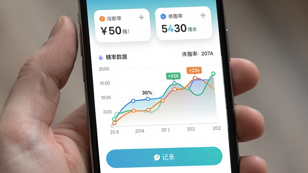 轻断食饮食记录软件身体数据追踪图表界面,主体为手机屏幕显示体重变化折线图和体脂率数据,布局为上方数据卡片中间折线图下方记录按钮,排版清晰层次分明,风格为现代数据可视化健康App风格,细节包括彩色折线、数据点标注、日期轴、统计摘要,画质高清干净无多余元素