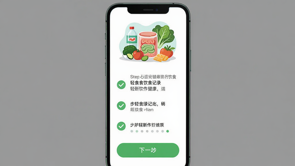 轻断食饮食记录软件新手操作引导页面截图,主体为手机屏幕显示分步引导教程,布局为上方插图中间文字说明下方下一步按钮,排版步骤式引导界面,风格为友好新手引导健康App设计,细节包括绿色勾选图标、简洁文案、进度指示点,画质高清干净无多余元素