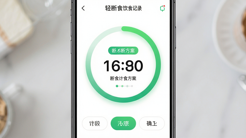 一款名为轻断食饮食记录的手机App断食计时功能展示图,主体为手机屏幕特写,屏幕上显示圆形倒计时进度环和16:8断食方案标签,布局为屏幕中央大圆环加下方方案选择按钮,排版居中对称,风格为清新健康科技风,细节包括绿色渐变进度条、时间数字高亮、断食阶段文字标注,画质高清干净无多余元素