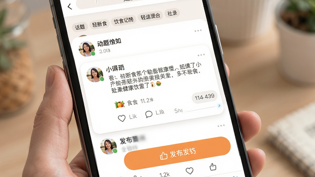 轻断食饮食记录软件社区互动页面展示图,主体为手机屏幕显示用户动态列表和点赞评论按钮,布局为上方话题标签中间动态卡片下方发布按钮,排版社交信息流样式,风格为温暖社区氛围健康App设计,细节包括用户头像、文字内容、互动图标、时间戳,画质高清干净无多余元素