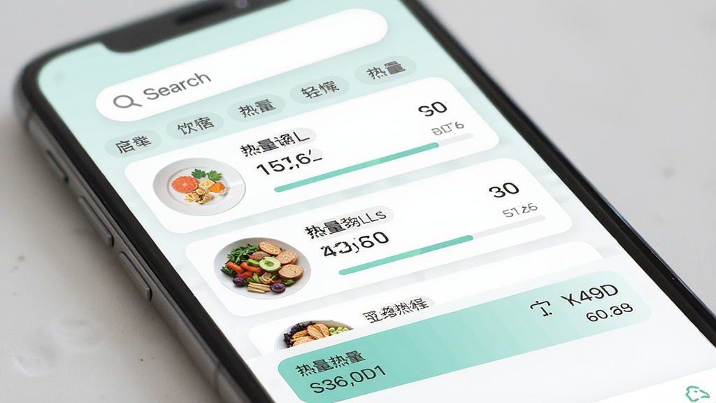 轻断食饮食记录软件饮食记录页面预览图,主体为手机屏幕展示食物列表和热量数据,布局为上方搜索栏中间食物卡片列表下方热量汇总条,排版整齐有序,风格为清爽浅色系健康App界面,细节包括食物图标、热量数字、进度条、分类标签,画质高清干净无多余元素