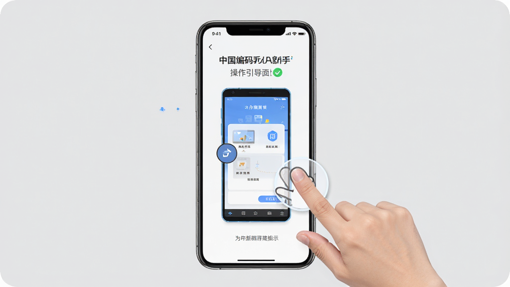 中国编码APP新手操作引导页面展示,画面中手机屏幕显示着分步操作图示和提示文字,旁边有手指点击屏幕的动画效果,背景为浅灰色,风格简洁明了,排版清晰,画质高清,无多余元素