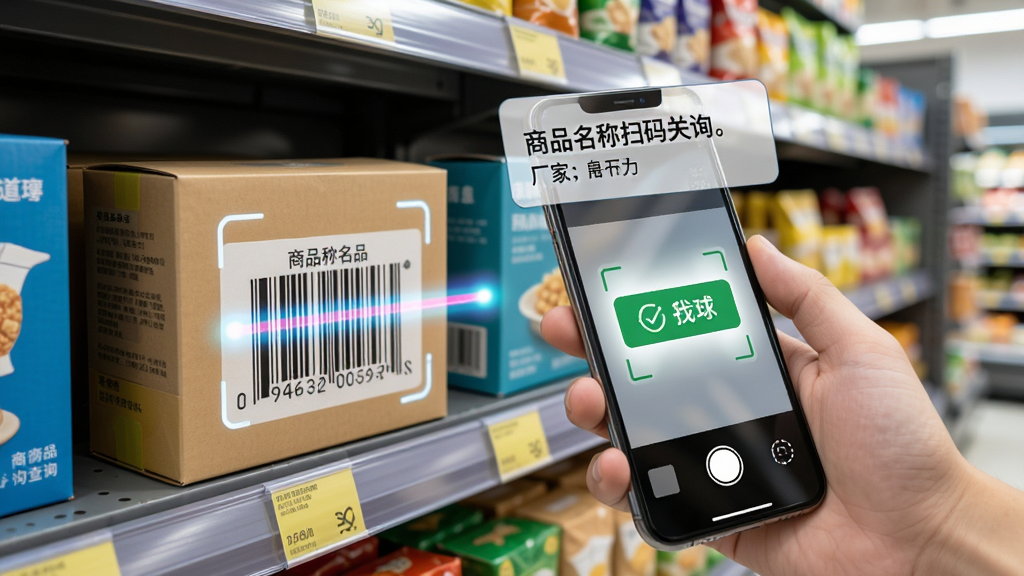 中国编码APP扫码查询功能展示,画面中一只手拿着手机对准一盒商品包装上的条形码进行扫描,手机屏幕显示扫描线和识别成功的提示,屏幕上方浮现出商品名称和厂家信息,背景是整洁的超市货架,风格写实明亮,细节丰富,画质清晰,无多余元素