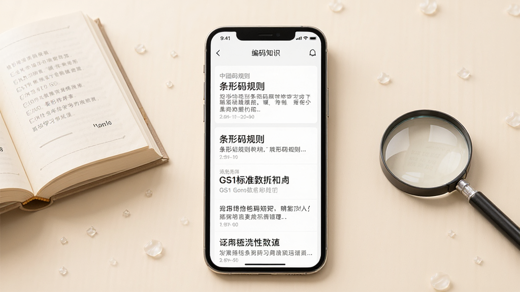 中国编码APP知识学习板块界面展示,画面中手机屏幕显示着编码知识文章列表,标题包含条形码规则和GS1标准等字样,旁边有书本和放大镜的装饰元素,背景为柔和的米白色,风格清新素雅,排版整洁,画质高清,干净无多余元素