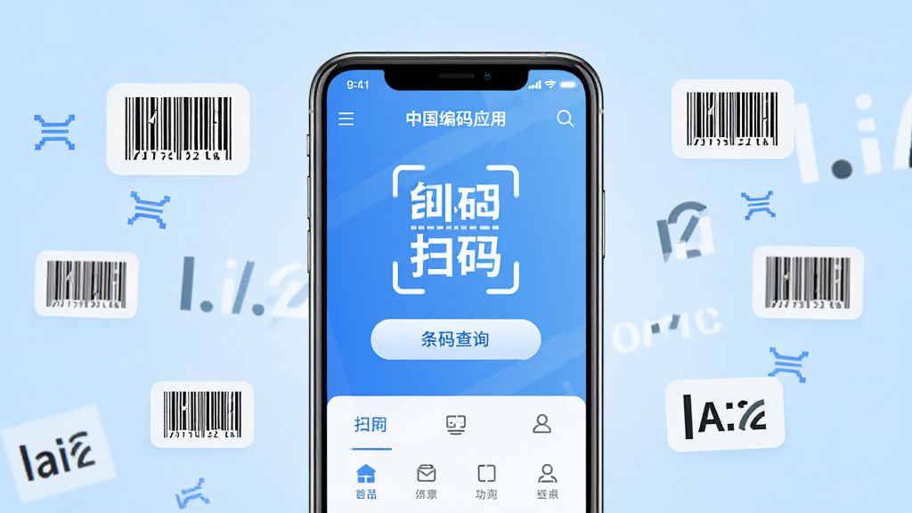 中国编码APP主界面全貌展示,画面中央是一部智能手机,屏幕上显示着中国编码应用首页,包含扫码入口、条码查询按钮和功能菜单栏,背景为干净的浅蓝色渐变,周围点缀着几个商品条形码图标和编码符号,整体风格简洁商务,排版清晰有序,画质高清,干净无多余元素