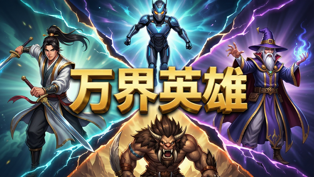 一张展示多元宇宙英雄集结的游戏宣传图,画面中央是“万界英雄”四个大字,字体采用金色立体效果,背景由多个时空裂缝拼接而成,每个裂缝中走出不同风格的英雄角色,左侧是东方神话剑客,右侧是西方魔法师,上方是未来科技战士,下方是远古巨兽,整体布局采用中心放射状排版,风格为二次元游戏海报风格,细节上英雄服饰纹理清晰、光影层次丰富,画质为高清4K,画面干净无多余元素