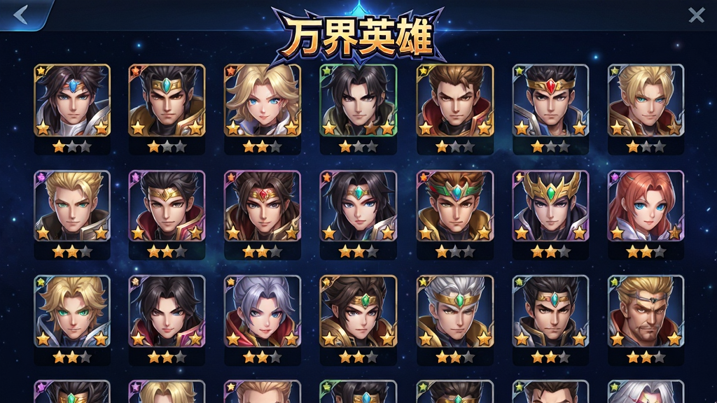 万界英雄游戏界面截图,画面展示英雄收集图鉴页面,布局为网格状排列的英雄头像,每个头像下方标注英雄名称与星级,中央上方有“万界英雄”的Logo,风格为二次元手游UI风格,细节上头像边框有稀有度颜色区分,背景为深蓝色星空纹理,画质清晰,画面干净无多余元素
