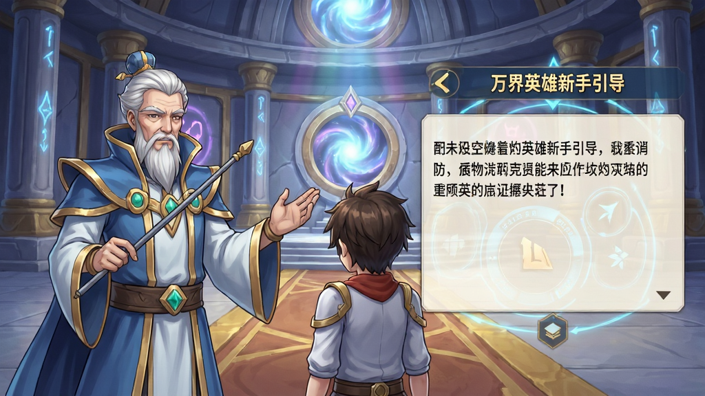 万界英雄新手引导界面,画面展示一位导师角色正在向玩家讲解操作,布局为左侧人物右侧对话框,风格为二次元教学风格,细节上对话框内有文字提示,背景为时空神殿内部,画质清晰,画面干净无多余元素